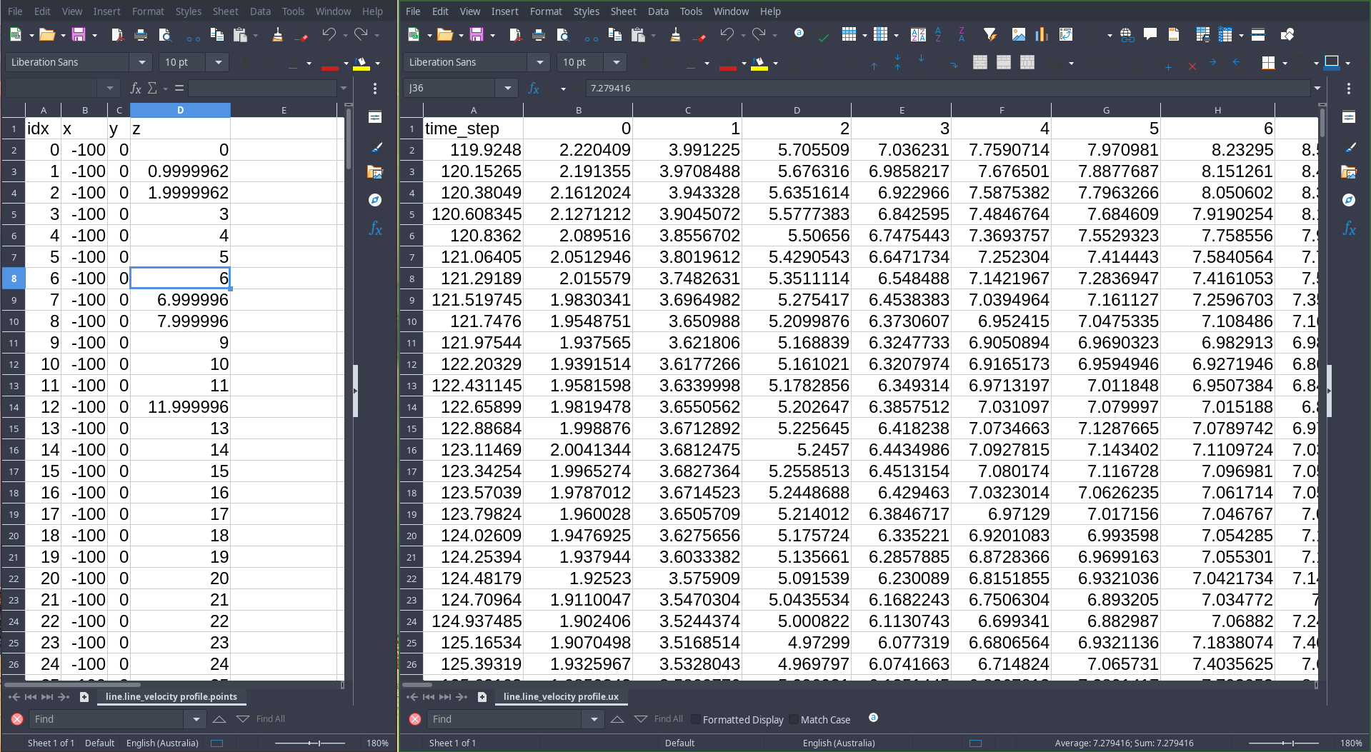 Point coordinates and Ux time series open in Excel