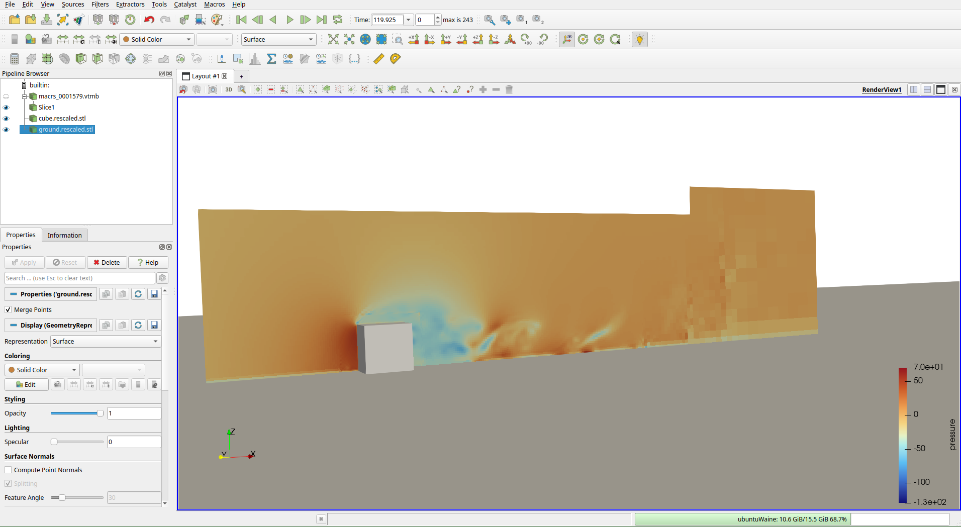 Pressure slice loaded from exported VTK sequence in ParaView