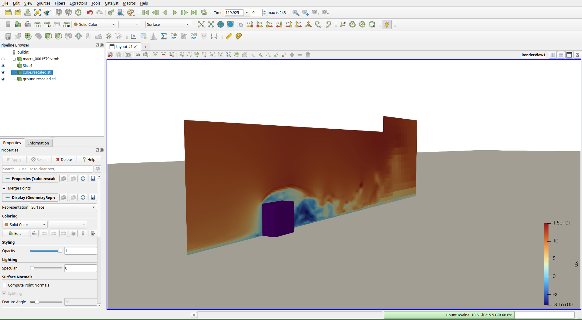 Velocity slice loaded from exported VTK sequence in ParaView