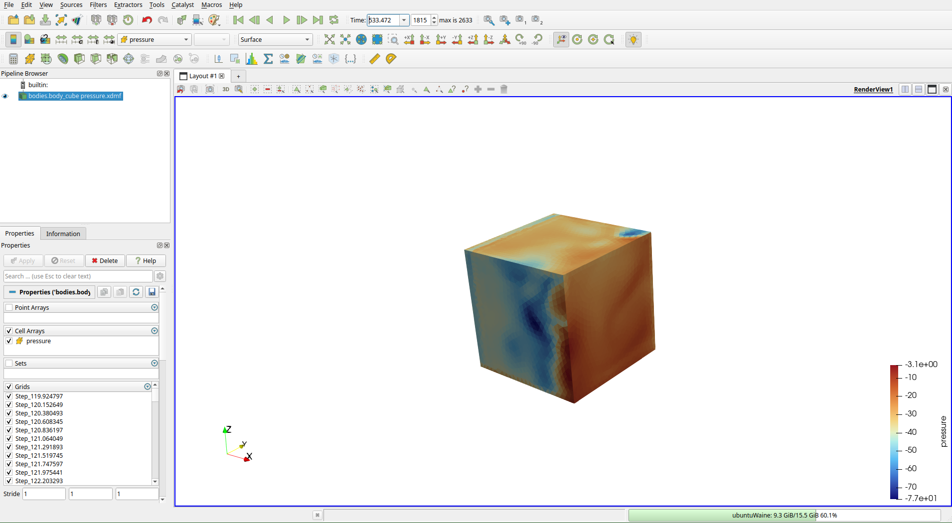 Instantaneous surface pressure on the cube in ParaView