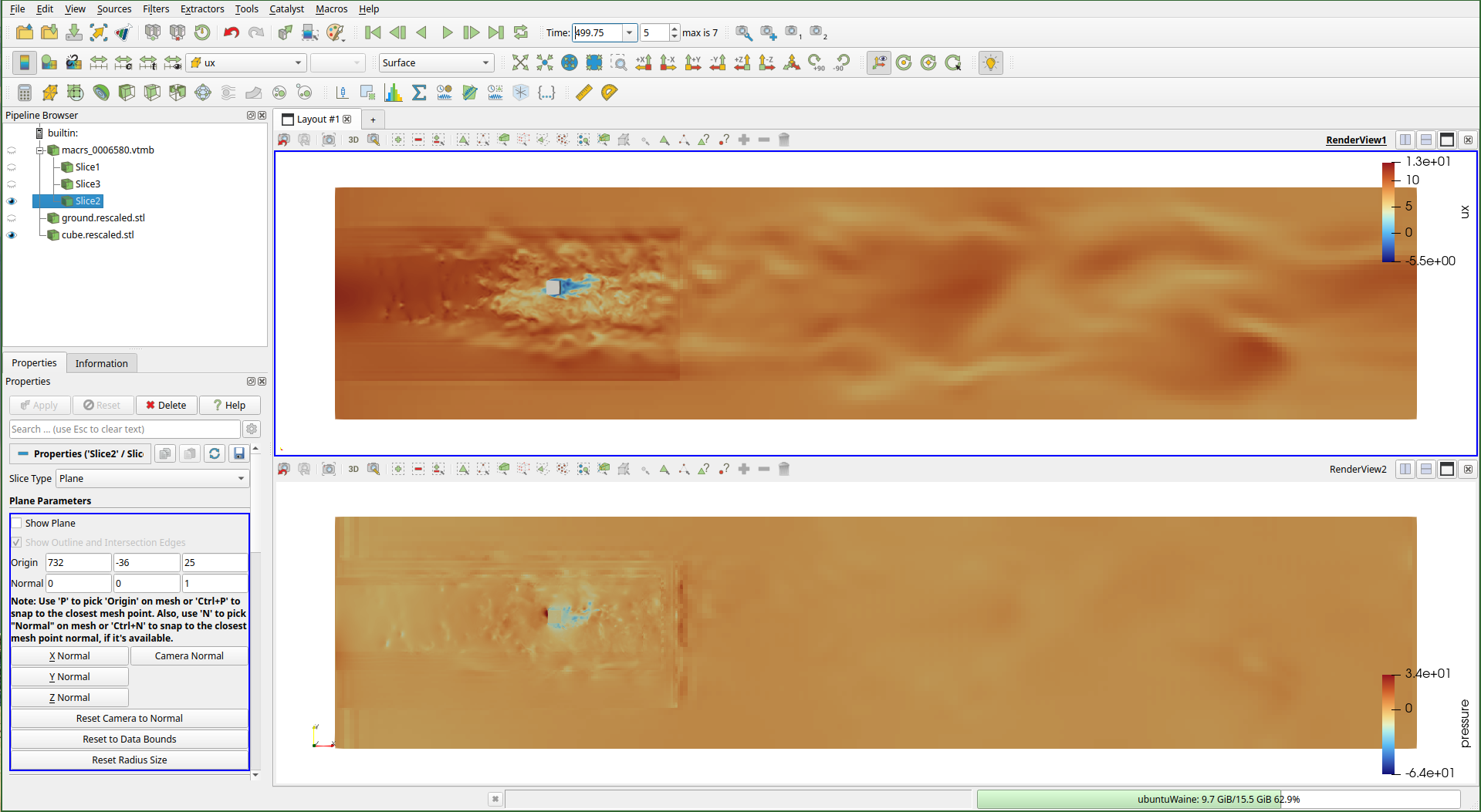 Slice in z showing velocity and pressure