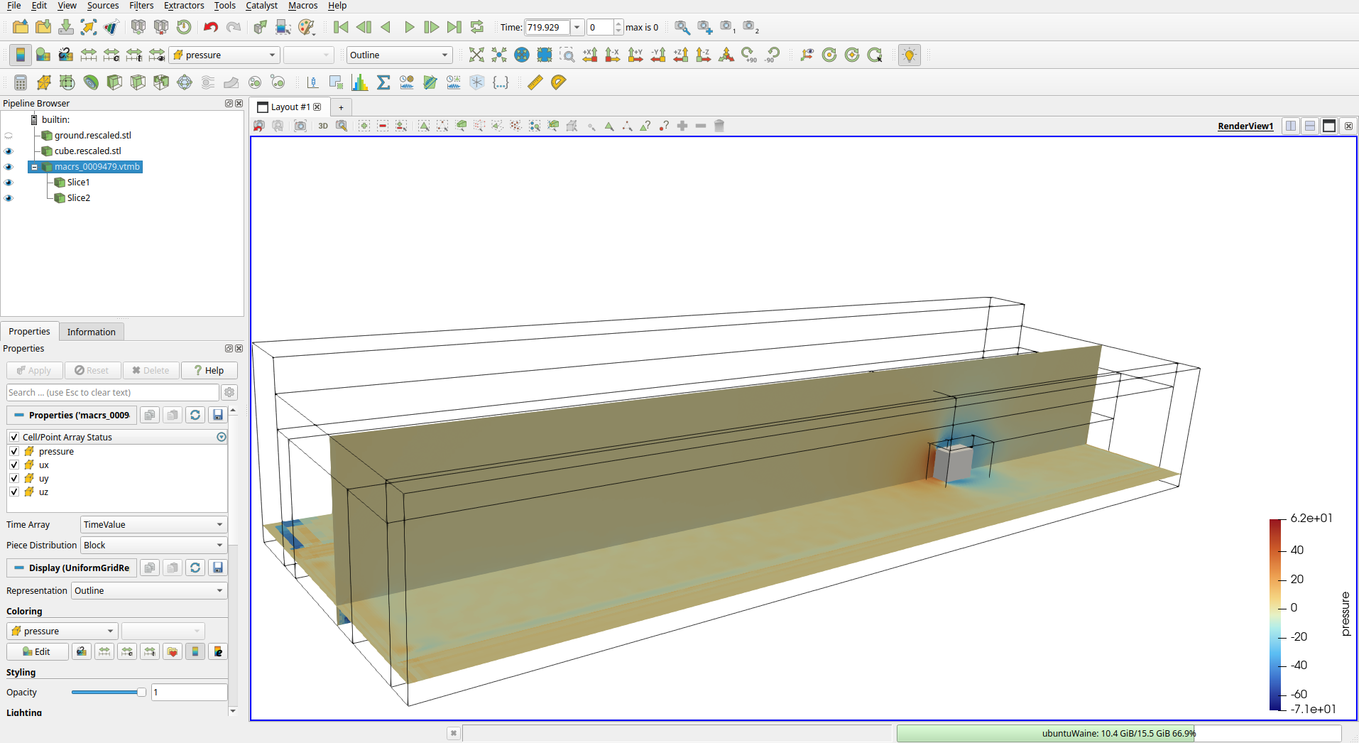 Time-averaged pressure field across the domain in ParaView