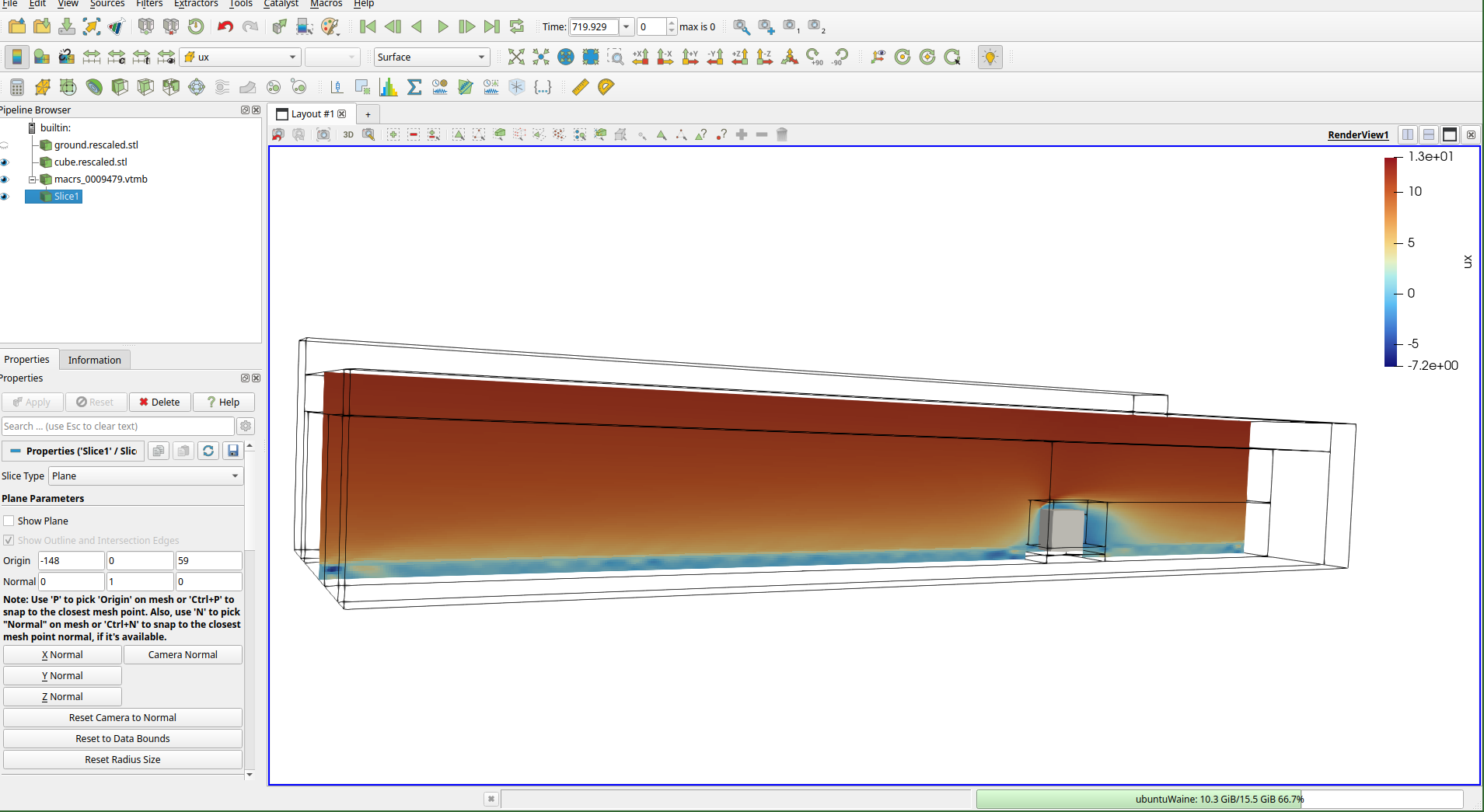 Time-averaged Ux velocity field across the domain in ParaView